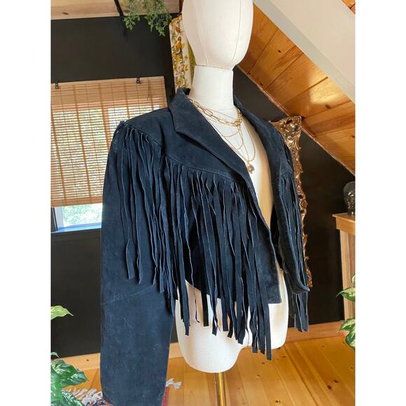 Leather Fringe Jacket Black Vintage - Picture 3 of 9
